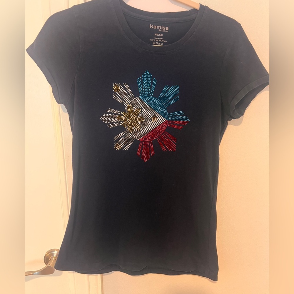 Navy Blue T-Shirt with Colorful Rhinestone Design